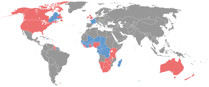 A map of English and French-speaking countries. Une carte des pays anglophones et francophones.